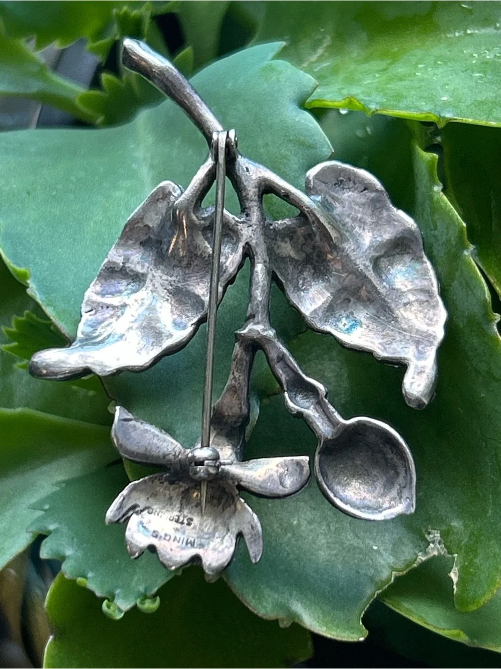 Vintage sterling silver Honolulu Ming’s Pikake flower leave brooch pin Rare